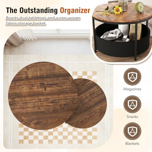 Tangkula Round Nesting Coffee Table Set of 2, Wooden Center End Table with Fabric Storage Basket & Metal Frame, Stacking Side Table for Apartment, Living Room & Bedroom (Rustic & Black) - color: Rustic & Black