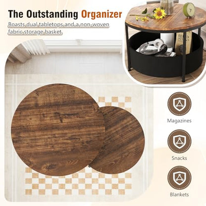 Tangkula Round Nesting Coffee Table Set of 2, Wooden Center End Table with Fabric Storage Basket & Metal Frame, Stacking Side Table for Apartment, Living Room & Bedroom (Rustic & Black) - color: Rustic & Black