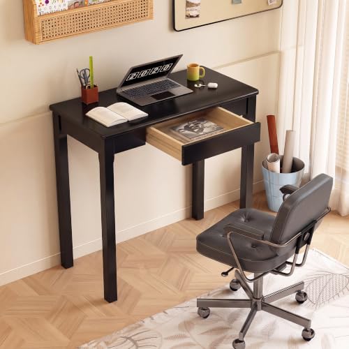 Black 100% Solid Wood 32 x 16 in Small Desk with 2 Drawers | Mid Century Modern Narrow Desk Vintage Small Writing Wooden Desks for Small Spaces Bedroom, Living Room, Office - color: Black, size: 31.5" x 15.7"