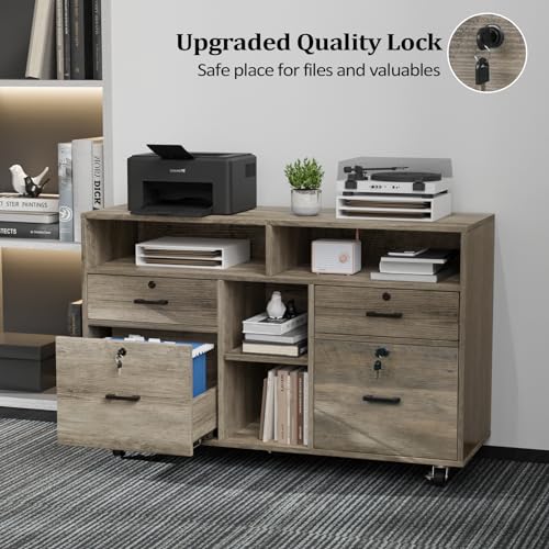 VINGLI Wide 4 Drawer File Cabinet with Lock, Rustic Grey Rolling File Cabinet with Open Shelves, Lockable Printer Stand, Letter Sized - color: Rustic Grey