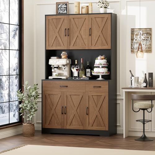 HOSTACK 71" Pantry Cabinet with Charging Station, Tall Kitchen Pantry Storage Cabinet with Microwave Stand, Farmhouse Kitchen Hutch with Storage Drawers for Living Room, Dining Room, Brown/Black - color: Brown/Black