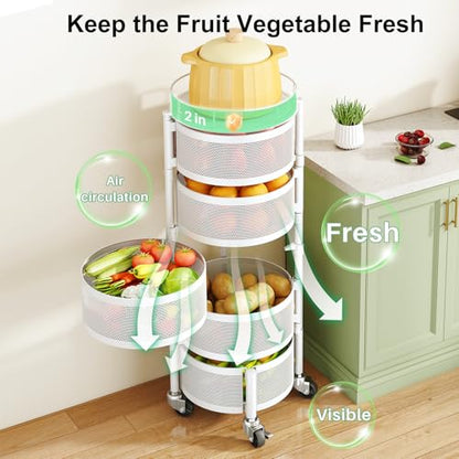 SAYZH Fruit Vegetable Basket for Kitchen, Rotating Storage Rack, 5 Tier Rolling Cart with top lid, Large Metal Wire Wheels (White) - color: White
