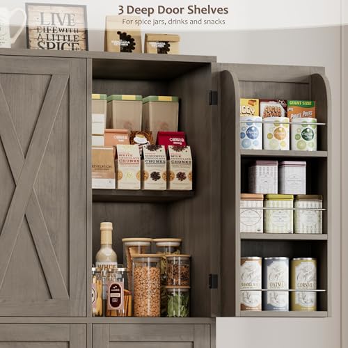 HOSTACK Farmhouse Kitchen Pantry Storage Cabinet with 3 Drawers, Ash Gray | 67"H Large Food Pantry Cabinet with Swing-Out Door Rack & Adjustable Shelf for Kitchen, Dining room, Living room - color: Ash Gray