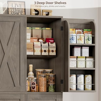 HOSTACK Farmhouse Kitchen Pantry Storage Cabinet with 3 Drawers, Ash Gray | 67"H Large Food Pantry Cabinet with Swing-Out Door Rack & Adjustable Shelf for Kitchen, Dining room, Living room - color: Ash Gray