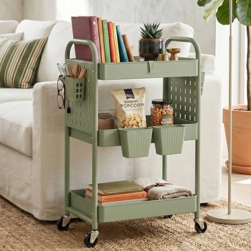 danpinera 3 Tier Rolling Cart with Retractable Dividers, Multi-Functional White Rolling Utility Cart with Pegboards, Hooks & Hanging Cups for Nursery, Living Room, Studio - color: Light Green