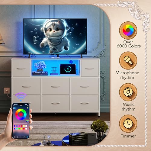 WLIVE White Dresser TV Stand for 45, 50, 55 inch TV, Entertainment Center with LED Lights & Charging Station, Chest of Drawers with 8 Fabric Drawers and Open Shelves for Living Room, Hallway, Wood Top - color: White