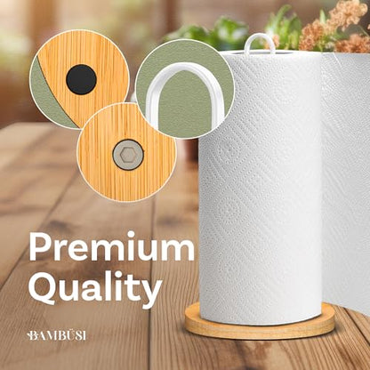 Paper Towel Holder - Wooden Countertop Stand with Non-Slip Wood Base, Minimalistic Modern Style for Kitchen, Home, Office (White) - color: Bamboo/White