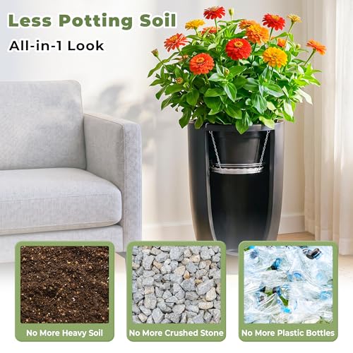 2 Sets Adjustable Planter Inserts for Large Pots, Silver‌ Minimalist Planter Insert with 4 Chain Hooks, Plant Riser Fits 12-18" Tall Planters Pot & Free 8 inch Plant Saucer Drip Trays