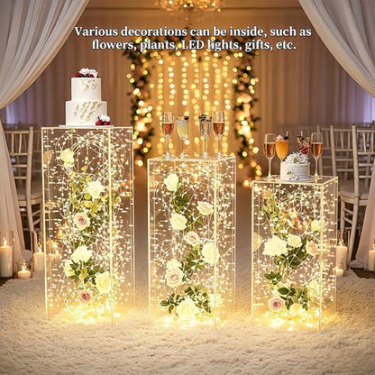 Vincidern 3PCS Acrylic Pedestal Stand for Party, Clear Square Display Plinth Pillar Stand for Wedding Cake Stand, Flower Holder, Sculpture Display, Art Gallery Home Decor (31.5"/27.6"/23.6" H)