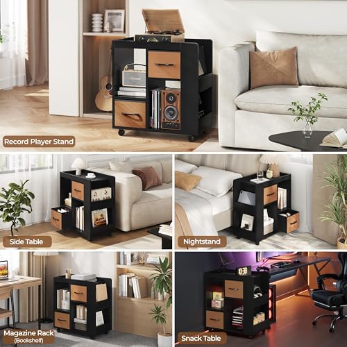 Yaheetech Narrow Side Table with Storage, Wooden Rolling Nightstand Bedside Table with Wheels, Magazine Racks and Open Shelves, End Table with Drawers for Living Room Bedroom, Black - color: Black