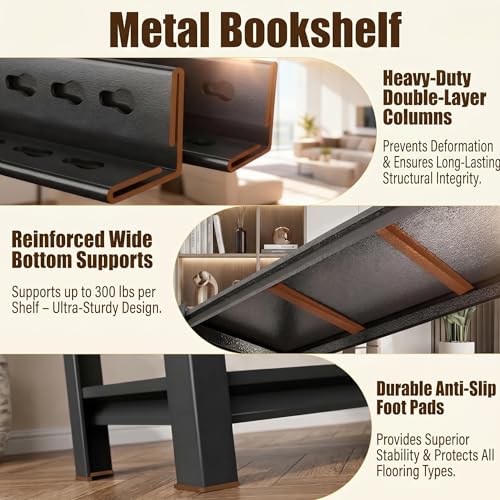 2 Tier Metal Bookshelf, Adjustable Tall Bookcase, Heavy Duty 1200 LBS Modern Deep Book Shelf, Bolt-Free Storage Shelves for Living Room, Home Office, Garage, 15.7" W x 15.7" D x 22.0" H - size: 2 Tier-15.7"W x 15.7"D x 22.0"H