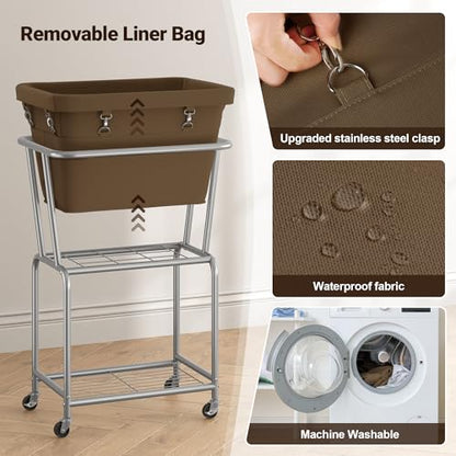 ELYKEN Rolling Laundry Hamper with Wheels, Removable Bag, Laundry Cart | Heavy Duty Metal Frame, 2-Tier Clothes Basket with Shelf, Ideal for Closet, Bedroom, Bathroom & Laundry Room - color: Camel Brown, size: 20.3"L x 15.9"W x 30.9"H