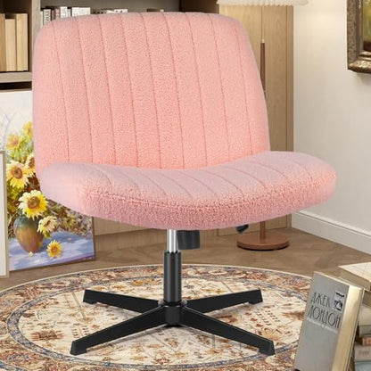 OLIXIS Criss Cross Chair, Vanity Chair, Home Office Desk | Cute Furry Teddy Fleece, Height Adjustable, Armless Wide Seating for Bedroom Student Study Room,Teddy Pink No Wheel - color: Teddy Pink