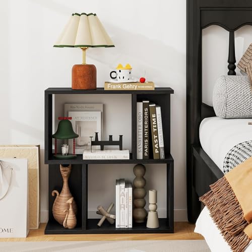 22’’ H Geometric Bookshelf, 2-Tier S-Shaped Floor Bookcase, Freestanding Open Display Book Shelf for Small Spaces, Low Side Table for Living Room & Bedroom (1, Black) - color: Black