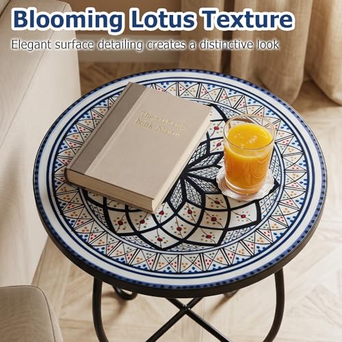 Giantex Outdoor Side Table, Blooming Lotus Mosaic Patio Accent Table, 14" Coffee End Table, Indoor Outdoor Metal Plant Stand for Porch Garden Balcony Desk - style: Blooming Lotus