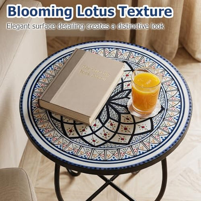 Giantex Outdoor Side Table, Blooming Lotus Mosaic Patio Accent Table, 14" Coffee End Table, Indoor Outdoor Metal Plant Stand for Porch Garden Balcony Desk - style: Blooming Lotus