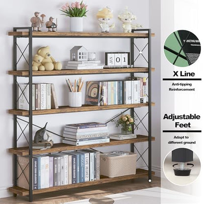HCHQHS Large Bookshelf, 5-Tier Long Industrial Bookcase, Rustic Brown Book Shelf, Freestanding Horizontal Bookshelves with Metal Frame - color: Rustic Brown, size: 5-Tier (56.7"W x 65.7"H)