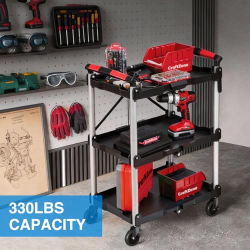Folding Service Cart,Rolling Utility Cart,330 LBS Collapsible Service Cart,3 Shelf Heavy Duty Foldable Tool Cart