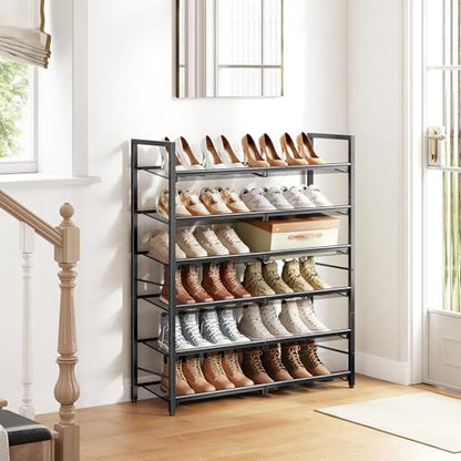 6 Tier Metal Shoe Rack, Tall Shoe Organizer Holds 24-30 Pairs, with Adjustable Flat or Angled Shelves, Shoe Storage Shelf for Closet, Entryway, Garage, Black - size: 6-Tier