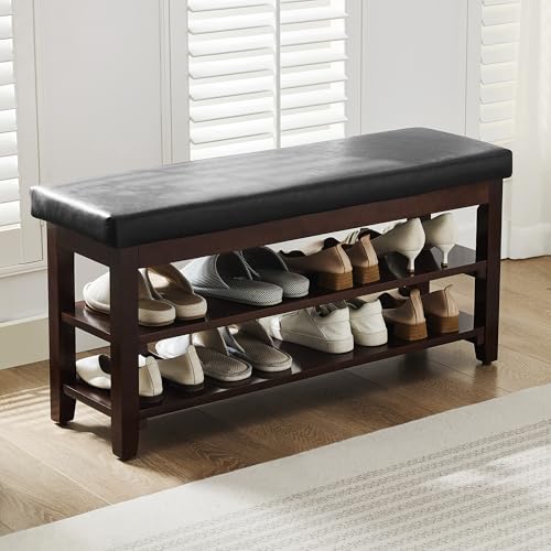 40" Shoe Bench with Leather Cushion, 2-Tier Shoe Rack Entryway Bench, Wood Bench for Front Door Entrance, Mudroom, Hallway, Wooden Shoe Shelves, Shoe Organizer, Shoe Storage, Black - color: Black
