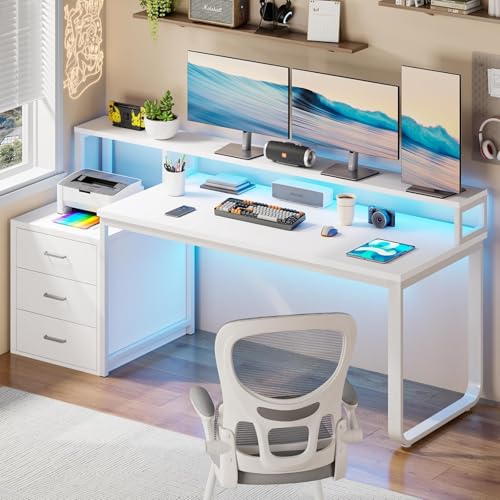 HOMBCK White Computer Desk with 3 Drawers and LED Lights, 67" Home Office Desk with Long Monitor Stand and Printer Shelfe, Writing Desk with Storage, Reversible Design，White - color: White