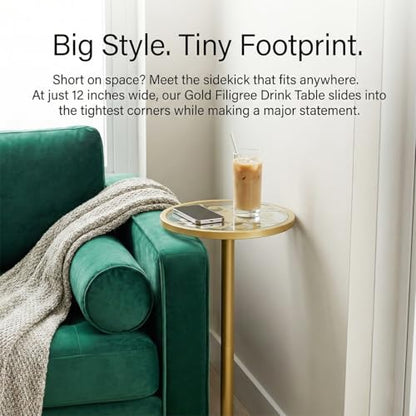 Gold Drink Table, Indoor Outdoor Small Round Side Table with Tempered Glass Top & Scroll Design, 24.7" Metal Pedestal End Table for Living Room, Patio, Small Spaces, Weather Resistant - color: Gold