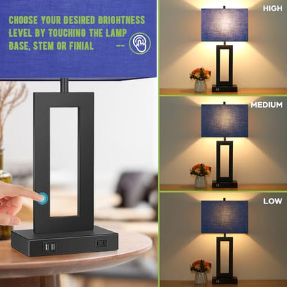 Set of 2 Touch Control Table Lamps with 2 USB Ports&AC Outlet, 3-Way Dimmable Modern Nightstand Lamp Sets, Bedside Desk Lamps for Bedroom Living Room End Tables Reading, Bulbs Included, Blue Shade | 3 Way Dimmable, Blue Fabric Shade, E26 Base, Desk Lamp f