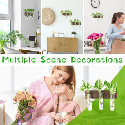 XXXFLOWER Wall Mounted Plant Terrarium with Wooden Stand 3 PCS | Hanging Planter Propagation Station with 3 Glass Tubes Indoor Hanging Planters for Home Office Indoor Decor - size: 9 Glass Tubes with Ring