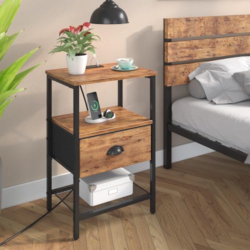 sthmec Nightstands Set of 2, Night Stands with Charging Station and Fabric Drawer, Bedside Tables with Drawers, 2- Tier Side Table with Open Shelf, Nightstands with Charging Station,Rustic Brown - color: Rustic Brown, style: Power