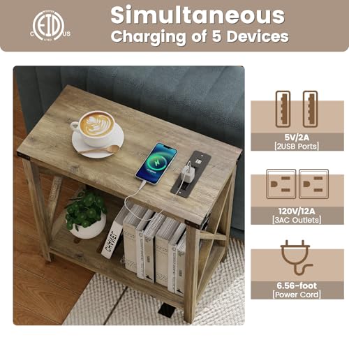Hadulcet Farmhouse End Tables Living Room Set of 2 - Narrow Side Table with Charging Station, Slim Nightstand for Small Space, Skinny Bedside Table, Sofa Side Table with Storage Shelf, Elegant Gray - color: Elegant Gray