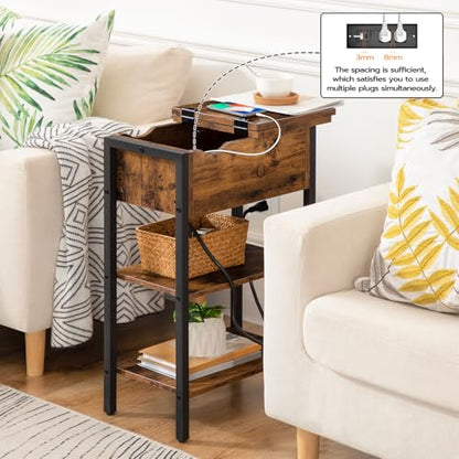 HOOBRO End Table with Charging Station, Narrow Side Table, Flip Top Nightstand with USB Ports and Outlets, Bedside Tables with Shelf for Small Spaces, Living Room, Rustic Brown BF341BZ01 - color: Rustic Brown + Black