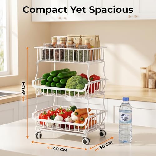 3-Tier Rolling Pantry Floor Organizer and Storage Cart with Lockable Wheels, Heavy-Duty Stackable Wire Baskets, Multi-Purpose Kitchen Storage Rack for Fruits, Snacks, Onions, Potatoes & Pantry Shelves