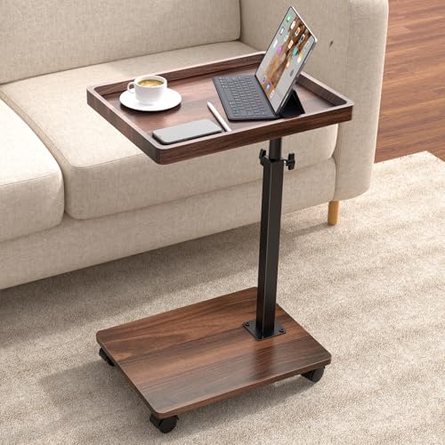 C Table End Table Adjustable Height, 360°Swivel TV Tray Table for Small Spaces, Couch Tables That slide under, C Shaped Side Tables living room and bedroom for Sofa, Bed,Chair, Snack (1, Walnut Brown) - color: Walnut Brown