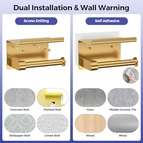 Bntuk Toilet Paper Holder with Phone Shelf Stainless Steel Wall Mounted Toilet Paper Roll Holder - Rustproof and Bathroom Washroom Tissue Roll Holder with Shelf - Gold - color: Gold
