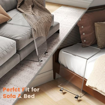 C Shaped Side Table for Sofa, Heavy Clear Acrylic Mobile End Table on Wheels, Modern Rolling Snack & Drink Use for Living Room & Bedroom, Space-Efficient Design with Sturdy Construction, 15mm Thick - color: 1-pack