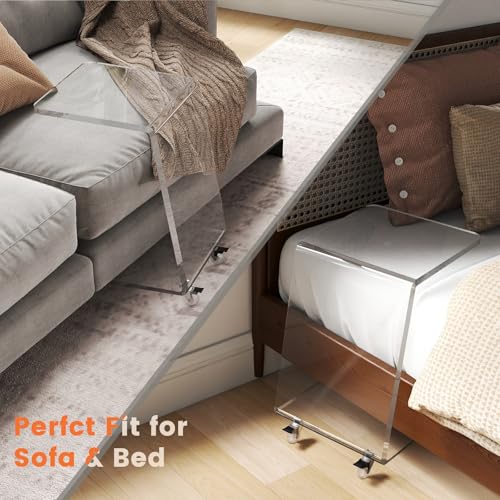 Modern Acrylic Side Tables Set of 2, 15mm Thick Clear Lucite End Tables with Wheels for Living Room & Bedroom, Luxury C-Shaped Rolling Sofa Tables, Heavy Duty Contemporary Furniture - color: 2-pack