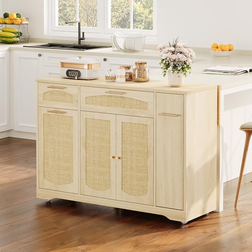 IDEALHOUSE 53.1" Rattan Kitchen Island with Storage, Rolling Dining Cart with Trash Storage Cabinet, Mobile Island Cart with Drop Leaf, Adjustable Shelves, Drawer, 5 Wheels (Natural) - color: Natural