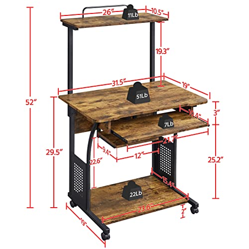 Topeakmart 2-Tier Rolling Desk with Printer Shelf & Keyboard Tray, Rustic Brown - color: Rustic Brown