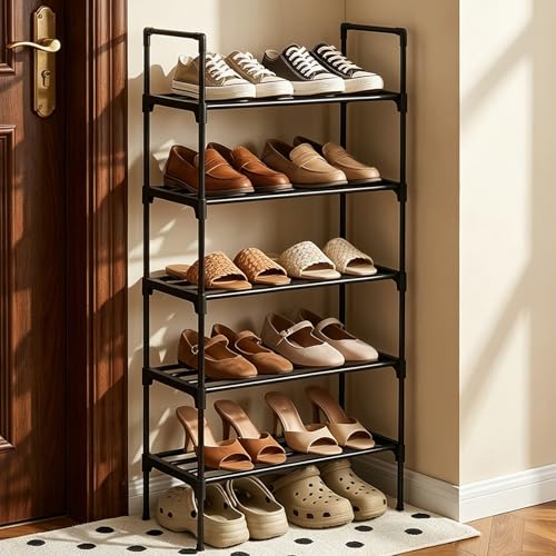 PureBox Shoe Rack, 5-Tier Shoe Storage Organizer – Holds 9-12 Pairs of Shoes, Tool-Free Assembly, Steel Frame, Space-Saving for Entryway, Closet，Living Room, Balcony, Black (17.1" x 10.2" x 36.8")