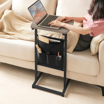 HOOBRO C Shaped End Table, 28.3" Side Table for Small Spaces, Couch Table, Slide Under Sofa Tray Table, Storage Bag, for Living Room, Bedroom, Greige and Black BG40SF01 - color: Greige + Black