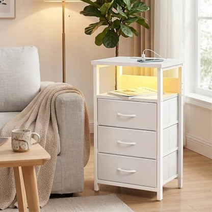 Fixwal White Nightstand with Charging Station, LED Night Stand with 3 Fabric Drawers and Open Shelf, Bedside End Table in Bedroom - color: White, size: 27.6"H (3 drawers), style: Power+Light (1pc)