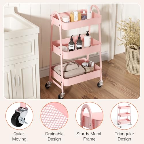 NEWBULIG 3-Tier Metal Rolling Cart with Lockable Wheels, Heavy Duty Mobile Utility Storage Shelf, Roller Book Snack Cart, Organization for Livingroom, Bathroom, Office, Pink | Mobile Organizer Shelf, Space-Saving, Freestanding, Bathroom, Living Room, Slim