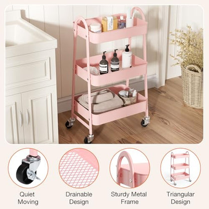 NEWBULIG 3-Tier Metal Rolling Cart with Lockable Wheels, Heavy Duty Mobile Utility Storage Shelf, Roller Book Snack Cart, Organization for Livingroom, Bathroom, Office, Pink | Mobile Organizer Shelf, Space-Saving, Freestanding, Bathroom, Living Room, Slim
