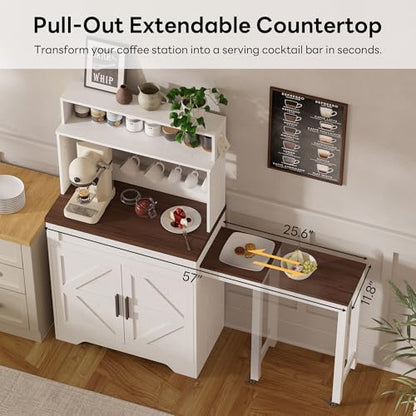 LIKIMIO 57" Farmhouse Coffee Bar Cabinet with Extendable Table & Locking Wheels, Mobile Kitchen Island Storage Cart with Magnetic Board, 5 Hooks, Adjustable Shelf, Space Saving for Apartment, White
