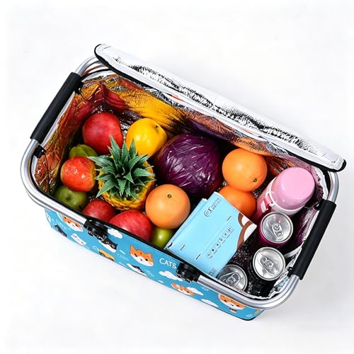 Upgrade Shopping Bag Picnic Basket 2 Layers of Internal Pockets Leak-Proof Insulated Cooler Bag Bag Collapsible Shopping Basket Folding Grocery Basket Bag for Picnic Travel(Blue Cat) - color: Blue Cat