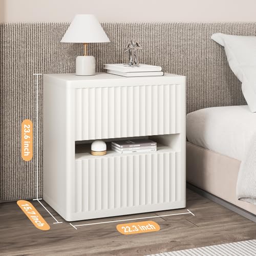 Dripex Fluted Nightstand Set of 2, 22'' Wide Night Stand with 2 Large Drawers, Mid Century Modern Wood Bedside Table with Open Shelf, Large Bed Side End Table for Bedroom, White - color: White