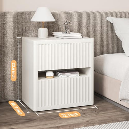Dripex Fluted Nightstand Set of 2, 22'' Wide Night Stand with 2 Large Drawers, Mid Century Modern Wood Bedside Table with Open Shelf, Large Bed Side End Table for Bedroom, White - color: White