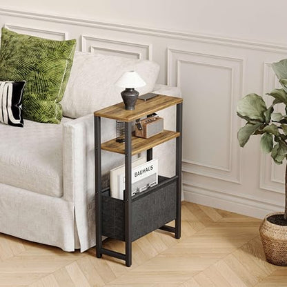 Narrow Side Table, Slim End Table with Magazine Rack, Skinny Bedside Table for Small Spaces, 3 Tier Sofa Couch Table Nightstand for Living Room, Bedroom, Walnut Brown LET503BR - color: Walnut Brown, style: No Charging Station
