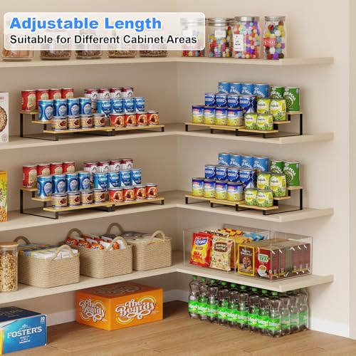 Expandable Bamboo & Iron Can Organizer, 3-Tier Adjustable Pantry Can Rack, Kitchen Cabinet Food Storage Shelf, Easy Access Canned Goods Soda Soup Can Holder, Hold Up to 30 Cans, Black - color: Black