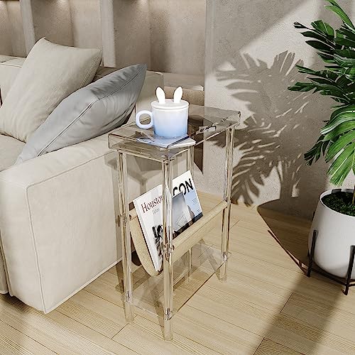 Eglaf Acrylic Narrow Side Table for Small Spaces - Slim End Table | Skinny Side Table with Magazine Holder, Small Bedside Table Nightstand for Living Room Bedroom, 15.7” L x 7” W x 23.9” H